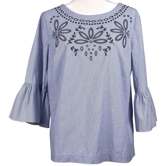 Talbots Embroidered Striped Boho Top Blue White Bell Sleeve Women’s Large EUC - Picture 5 of 16